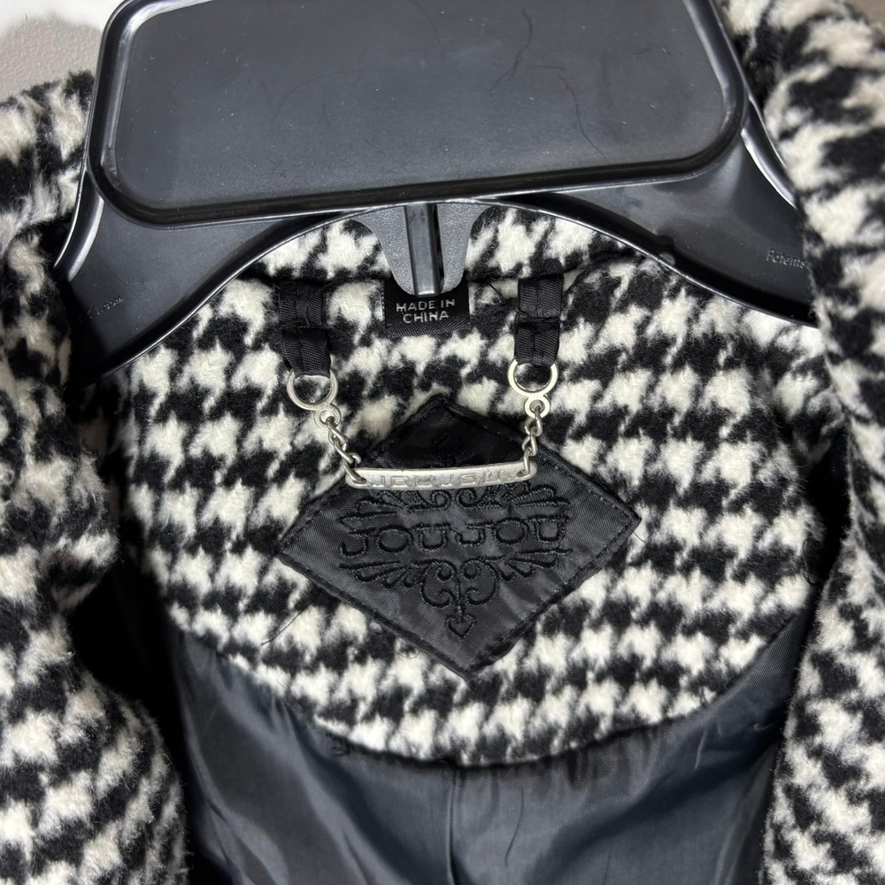 JouJou Houndstooth Wool Blend Belted Pea Coat Kids Black White Patterned - Picture 2 of 9